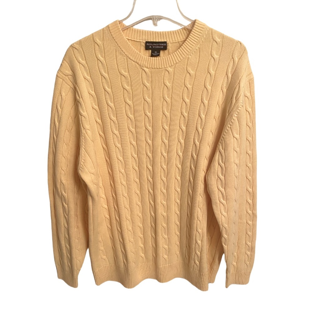 ROUNDTREE & YORKE Men Cable Knit Yellow L/S 100% Cotton Crewneck Sweater Size XL